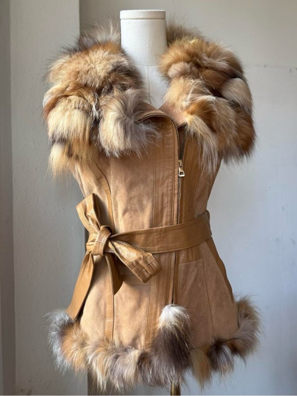 Vintage tan lgenuine fox fur asymmetrical zip up sleeveless vest with waist tie